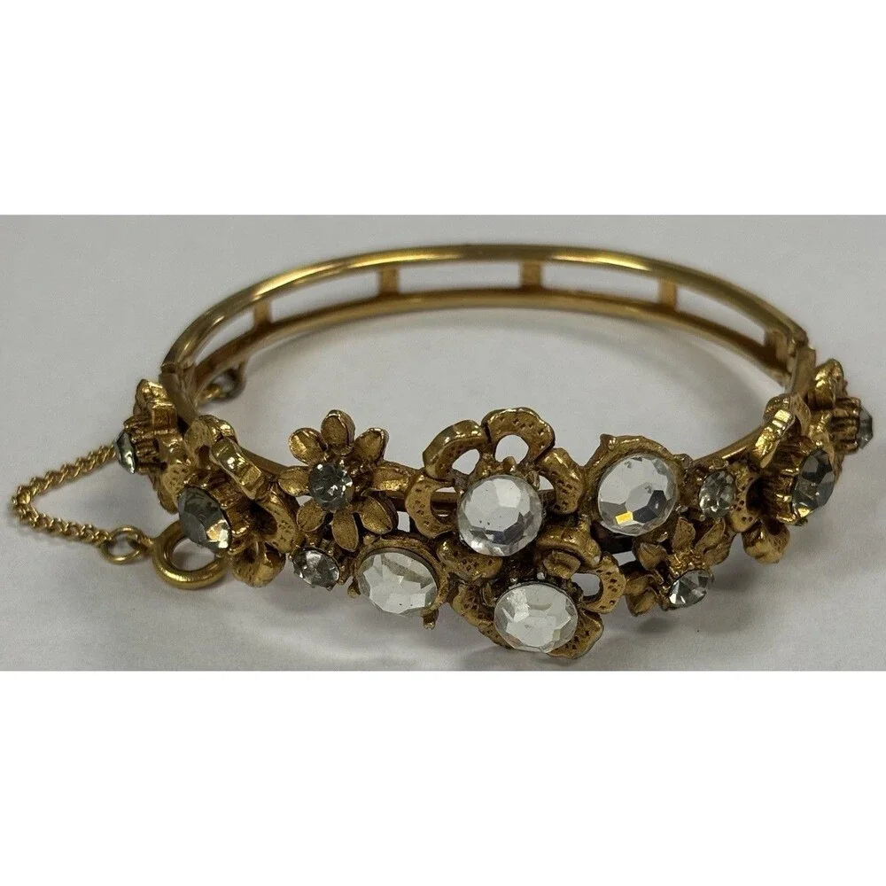 Rare Vintage Signed FLORENZA Floral Rhinestone Hinged Bangle Bracelet Gold HTF